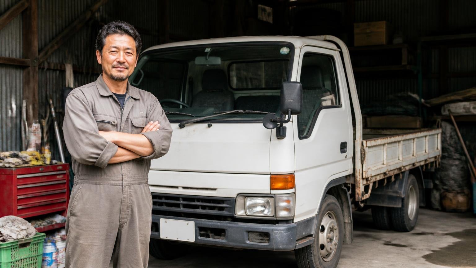 向いている人の4つの条件|車庫の隅に停まった低年式の平ボディトラックの前で腕を組む男性1人