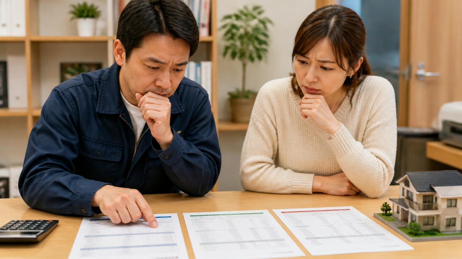 査定書を並べて比較する場面。事務所の机に3社の見積書を広げて見比べる男性1人と女性1人が真剣な表情