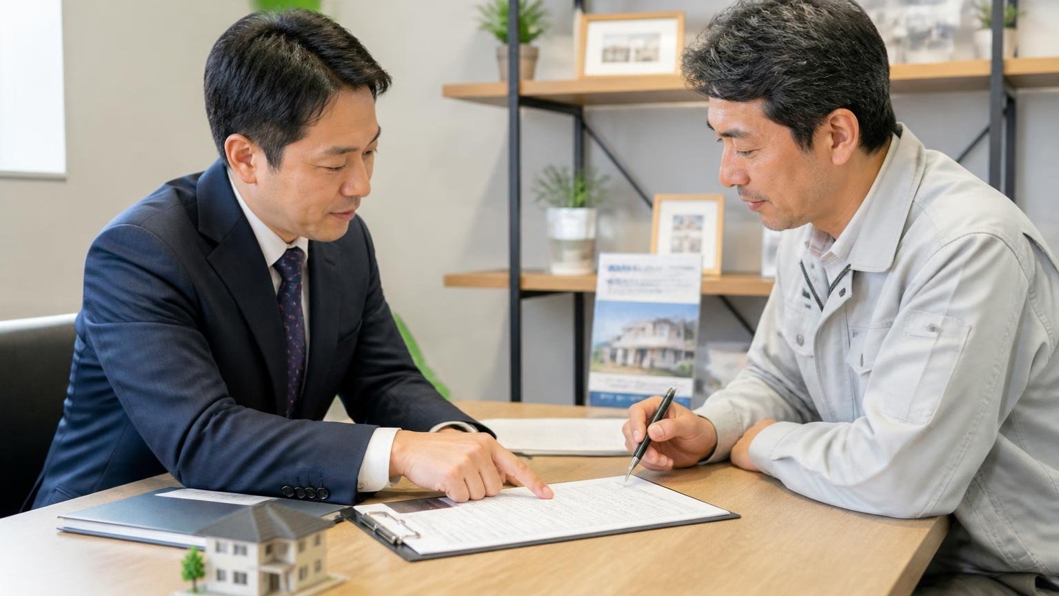 初期値査定からは下げませんを口約束で終わらせない方法。事務所で査定書を指さして条件を確認し合う男性2人
