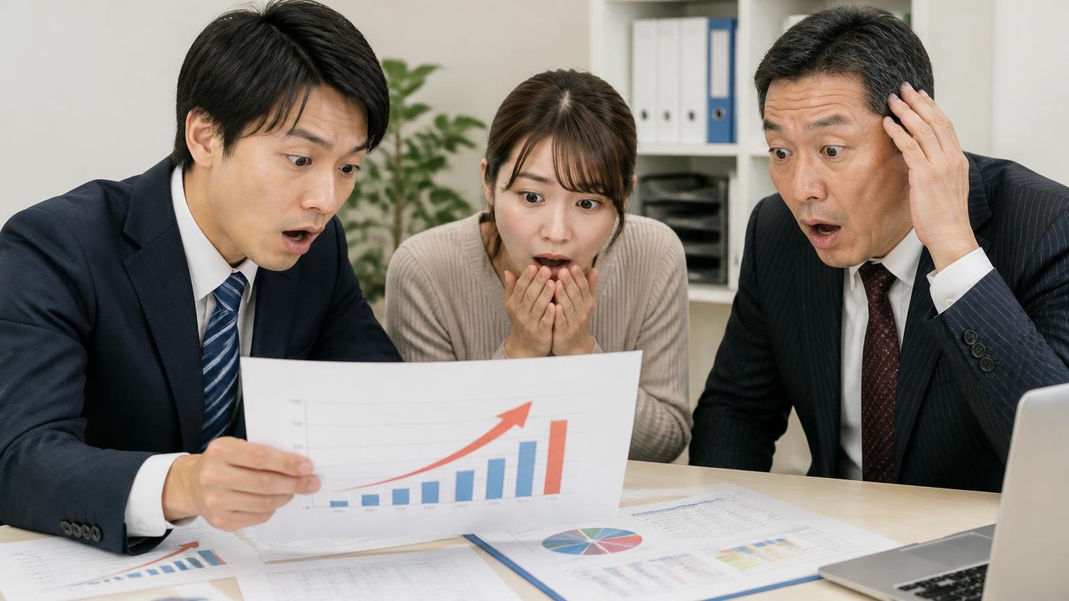 中古車の売却トラブルが2021年度に前年度の1.25倍に増えている。事務所で相談窓口の資料とグラフを広げた男女3人が、増加に驚いた表情を見せている