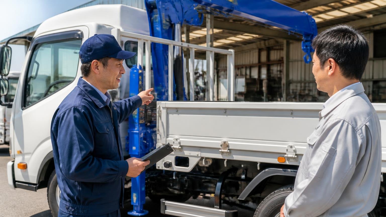 向いている可能性が高い人。屋外の車庫でクレーン付きトラックの架装を指さして説明する男性1人と頷く男性1人