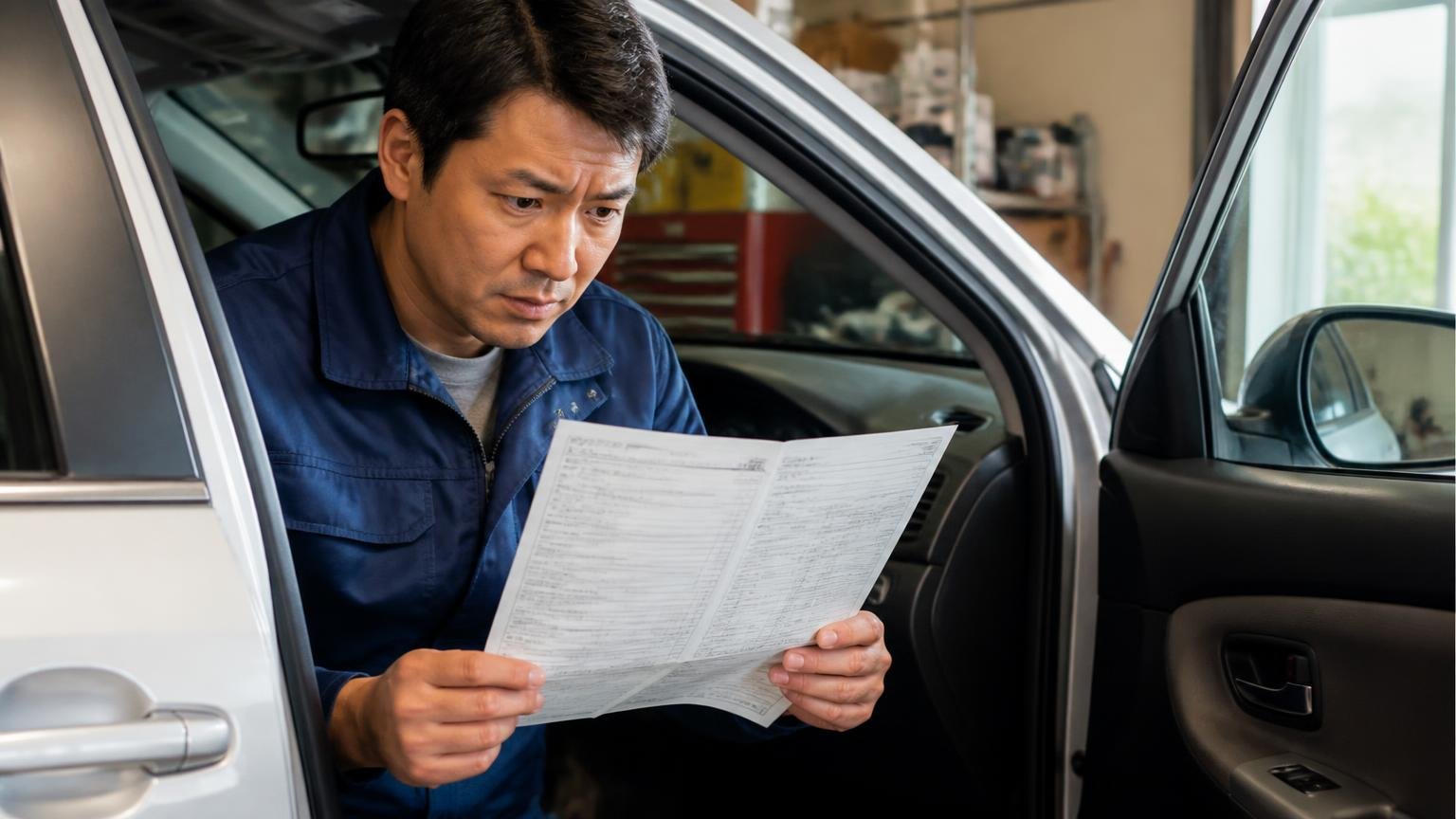 準備①車検証の所有者欄を先に確認する 早朝の車庫で運転席のドアを開け車検証を取り出す 男性1人が書類を広げる