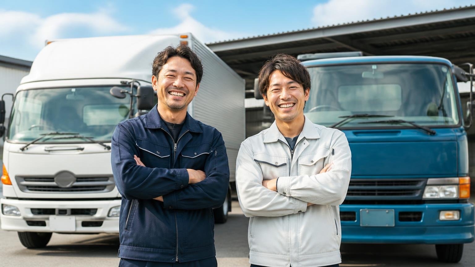 向いている人の3つの条件。営業所の車庫で新旧2台のトラックの前に立つ2人が満足そうな笑顔
