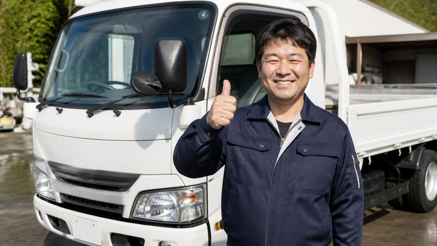 修理して乗り続けるのが向いている人の条件|洗車したデュトロの前で笑顔で親指を立てる男性1人