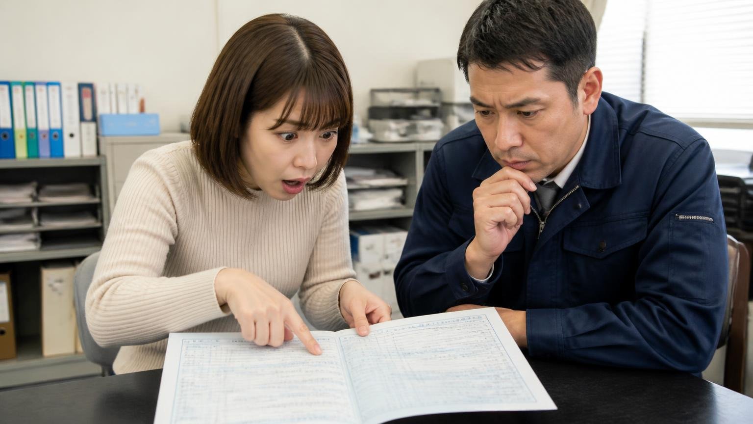 車検証の型式・初度登録年月・所有者欄を確認する 事務所で車検証を広げて指でなぞる 女性1人と男性1人 所有者欄に気づく