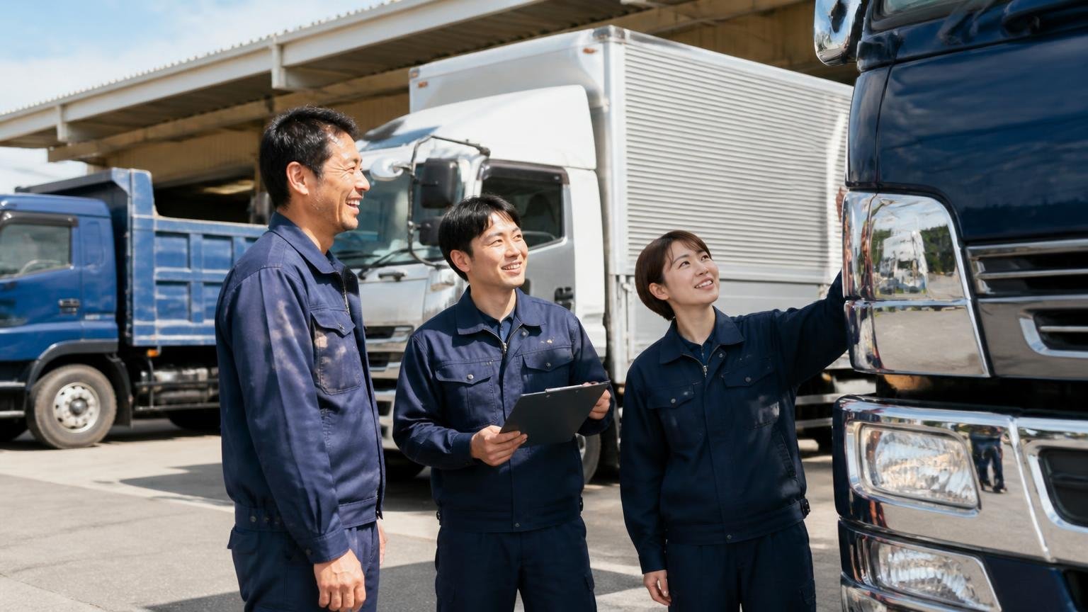 向いているのはこんな人 営業所の車庫に停まった大型ダンプとウイング車の前 3人 明るい表情で車両を確認する