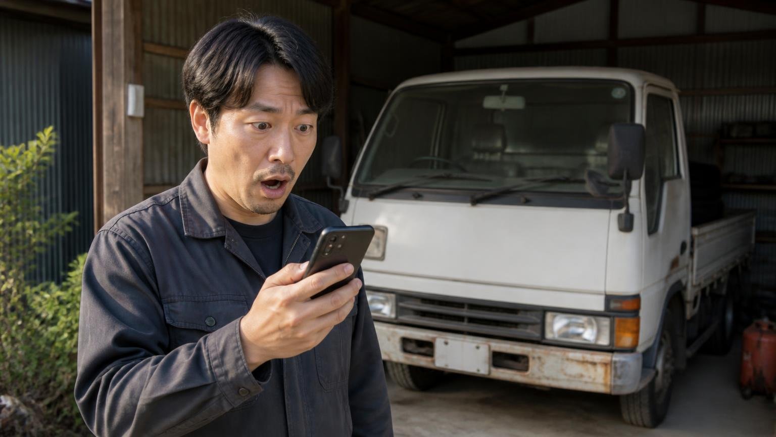 値段がつかないと決めつけている人/車庫の隅に停まったキャンターの前/男性1人/スマホを見て驚いた表情