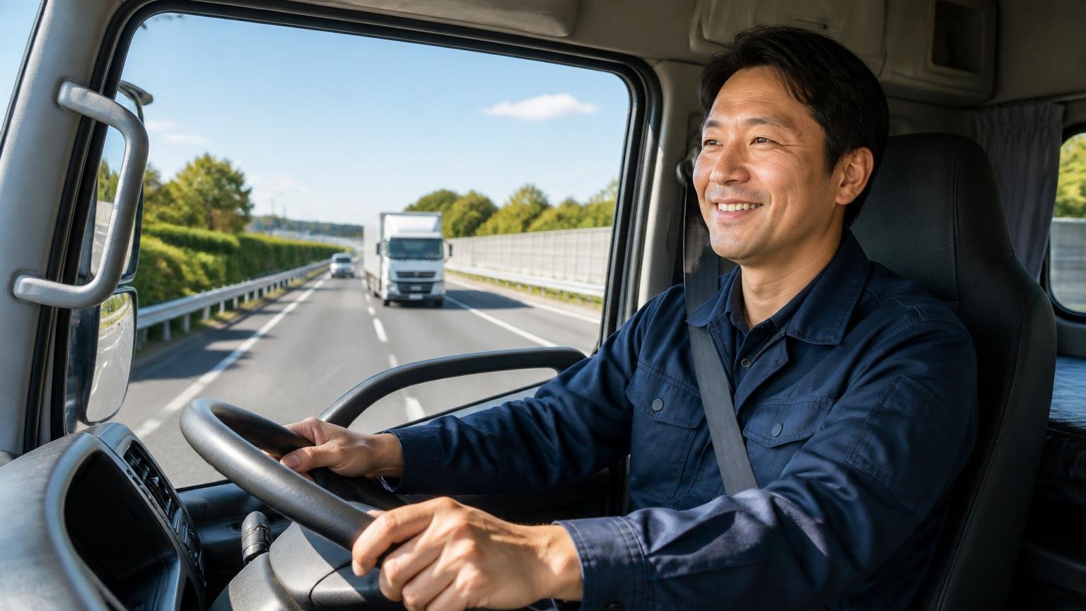向いている使い方|幹線道路を一定速度で走るトラックの運転席で肩の力を抜く男性1人が笑顔