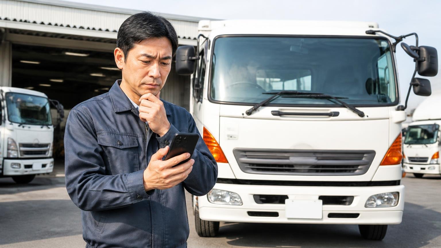 どこに頼むかで、見えてくる数字が変わる 営業所の車庫でトラックの前に立ち、スマホで査定を申し込む男性1人