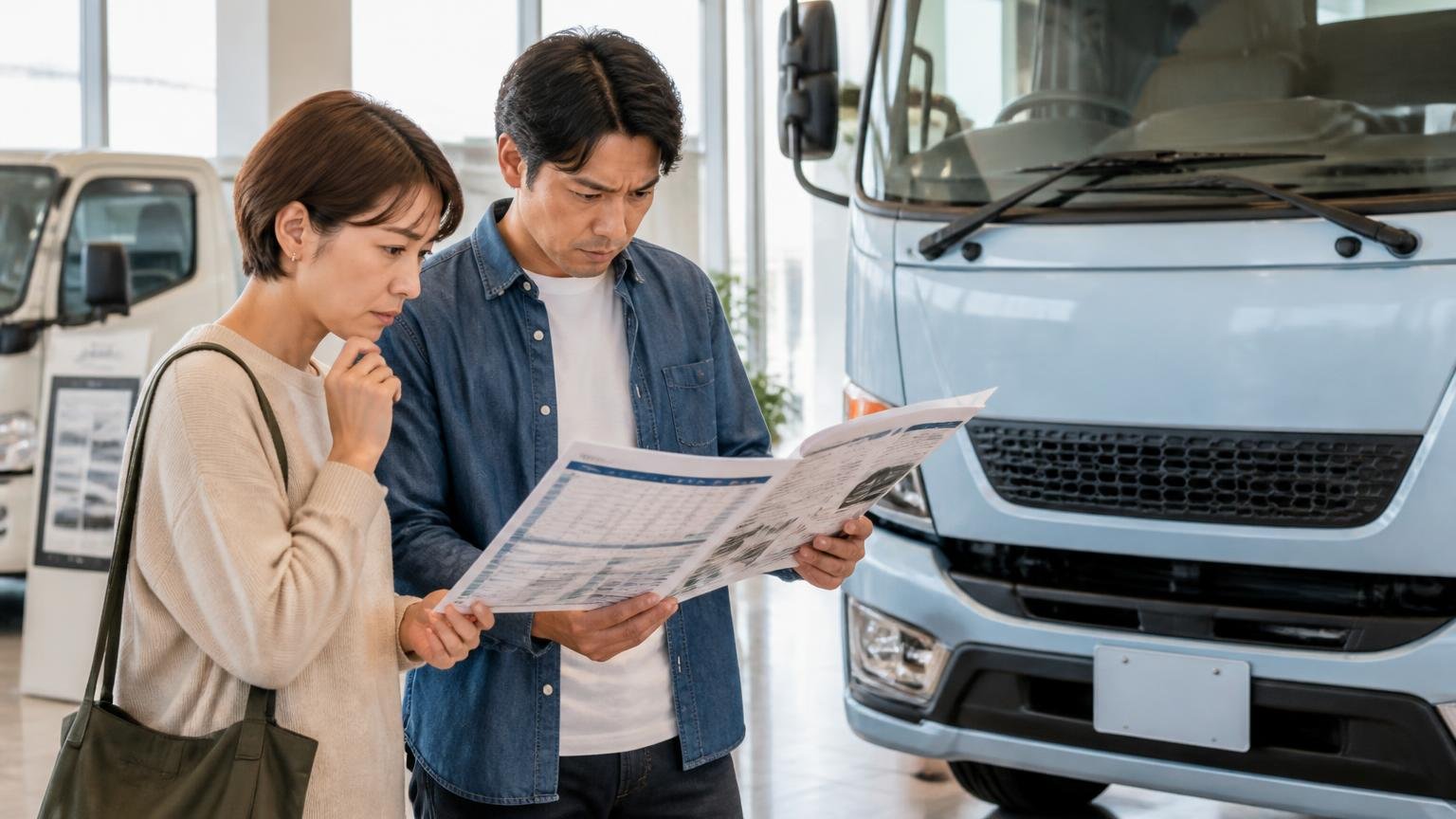 カタログの航続距離をまず正確に押さえる 販売店で電動トラックの前に立ち諸元表を見比べる男女2人が真剣な顔