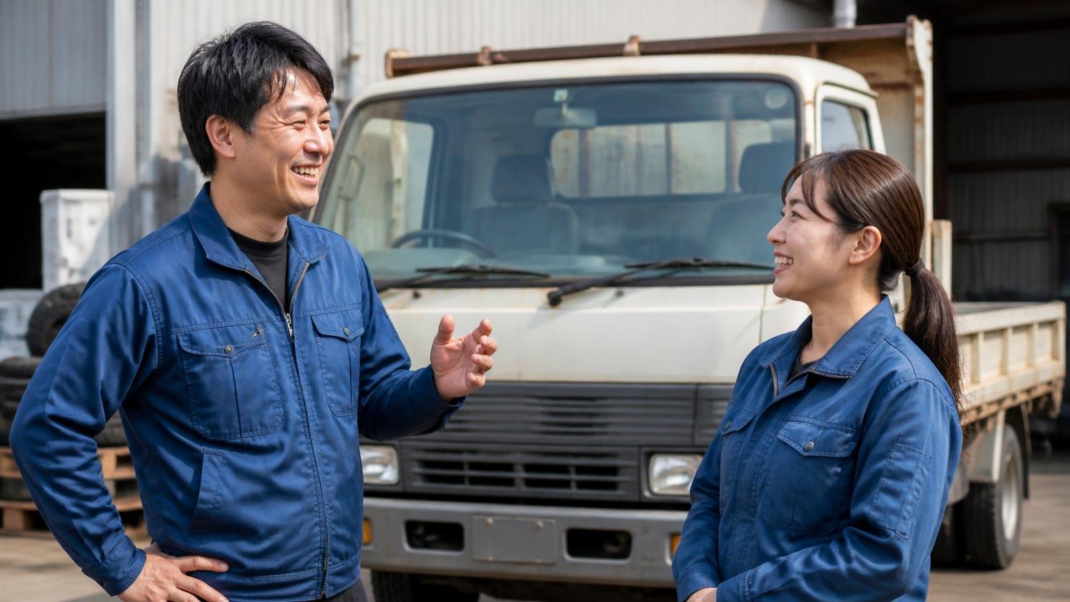 向いている人の条件。営業所の車庫に停まった古い4tトラックの前で笑顔で話す男女2人