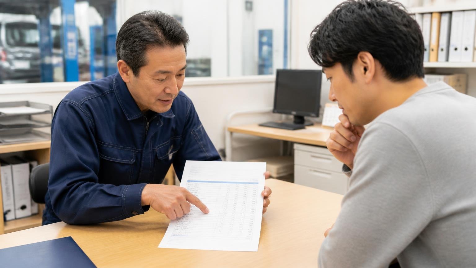 修理費の目安を知る。整備工場の事務所で、整備士が見積書を広げて金額の内訳を指さして説明する