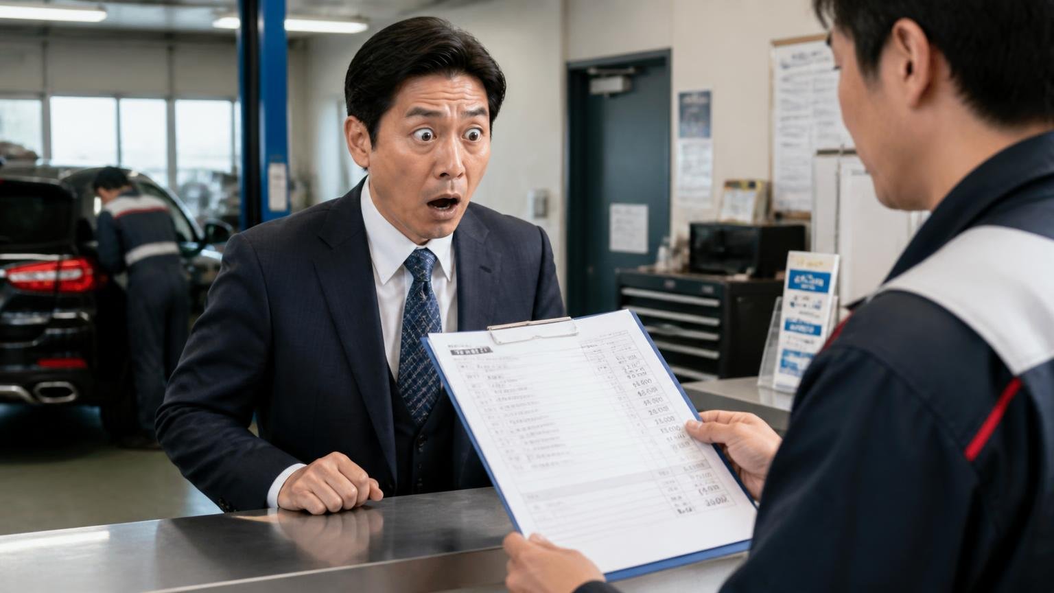 片側だけ見て決めた人に起きたこと、整備工場のカウンターで高額な見積書を渡される場面、経営者風の男性1人が言葉を失う表情