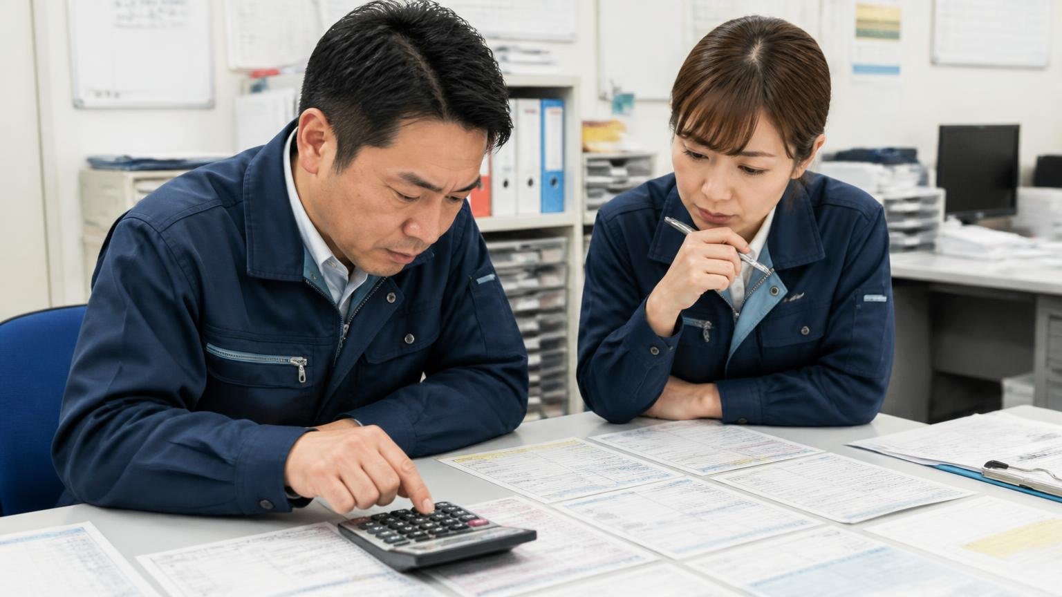 判断式は2つの数字。事務所の机に整備伝票を並べ電卓を叩く男性1人と女性1人が真剣な表情