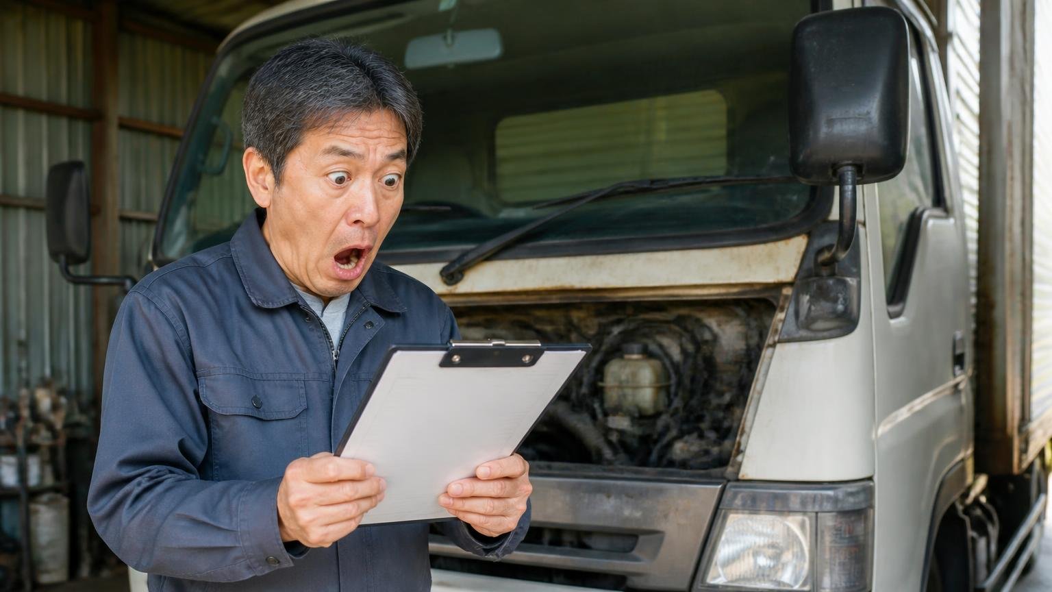 不調でも値がつく｜車庫に停めた不調のトラックの前で査定書を見て、目を見開き思わず声を上げる50代の男性1人