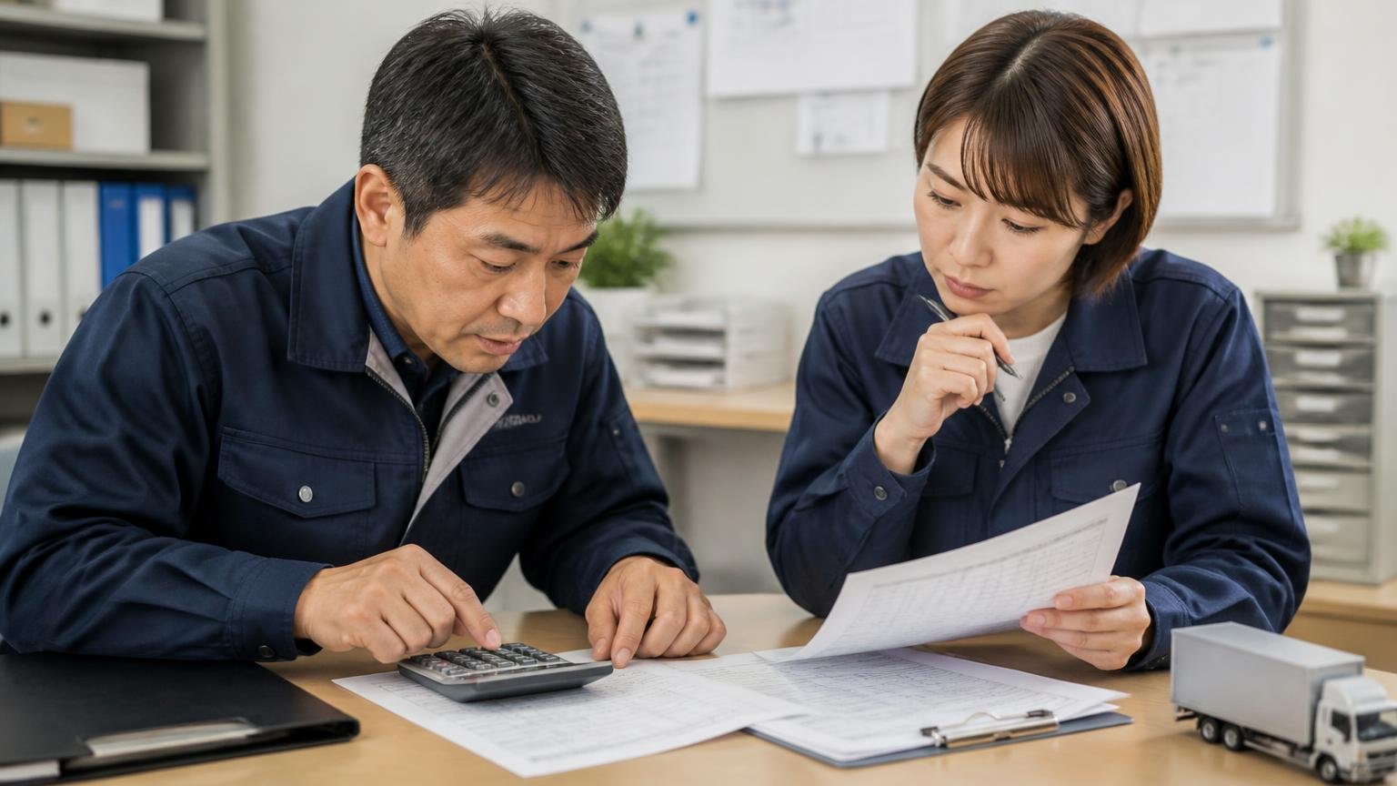 一般的な修理か買い替えかの基準はトラックに当てはまらない 事務所の机で電卓を叩く 40代男性と30代女性が見積書を突き合わせる
