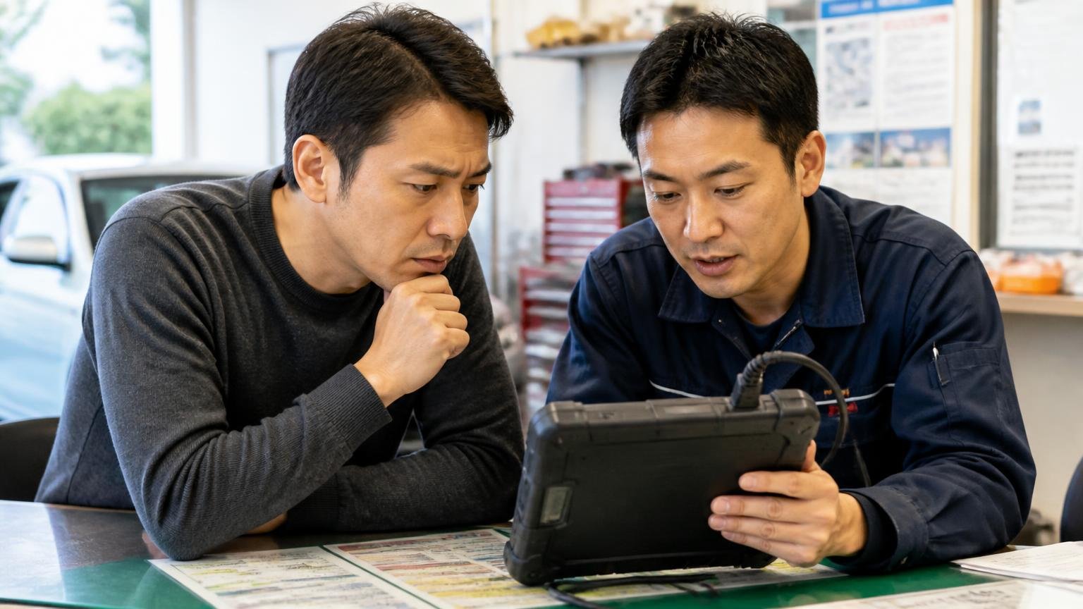 自己判断でリセットせず故障コードを読んでもらう。整備工場のカウンターで整備士と男性1人が診断機の画面を一緒にのぞき込む