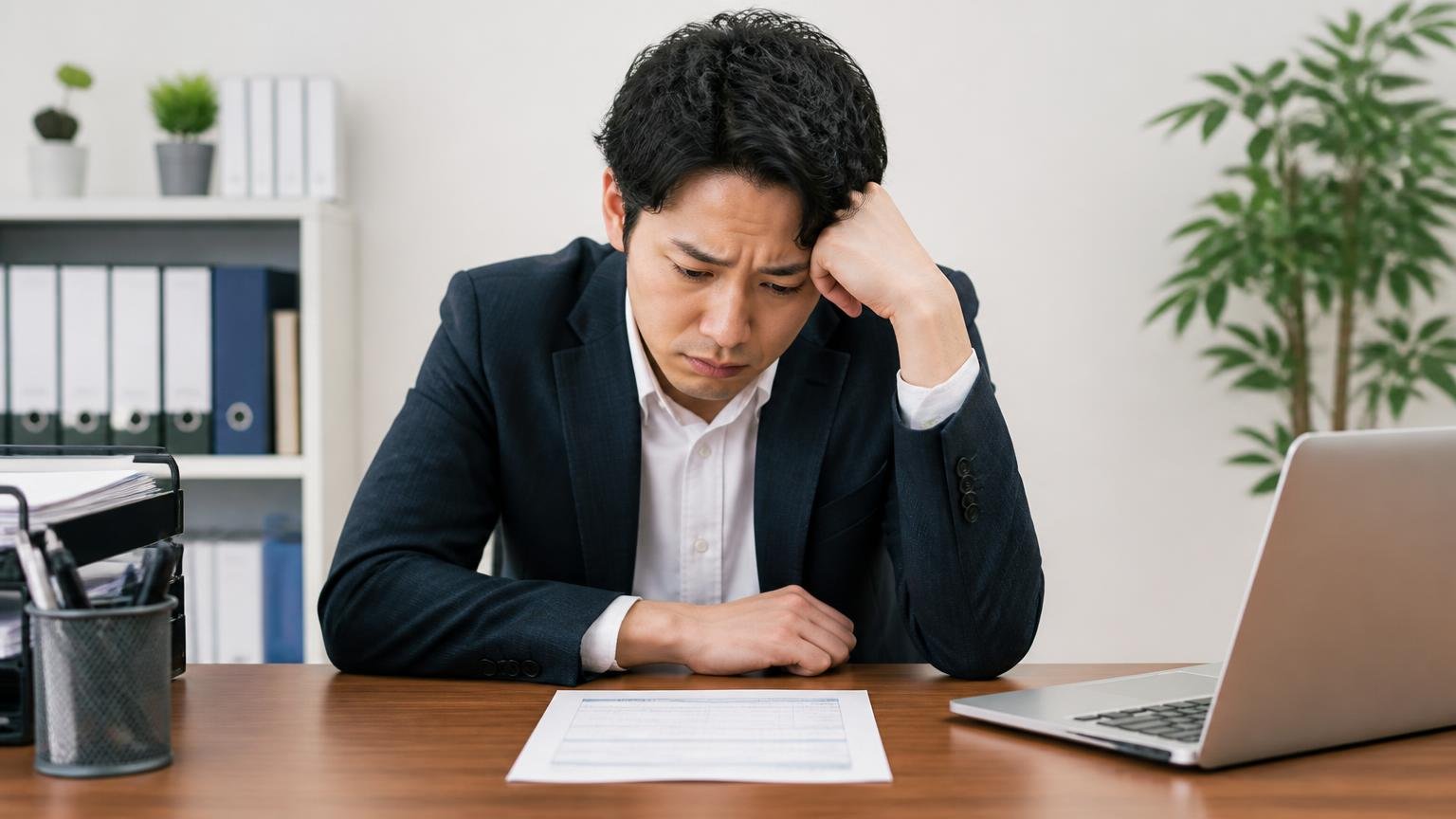 1社だけの金額をこれが相場だと思い込む。事務所の机で1枚だけの見積書を前に肩を落とす男性1人