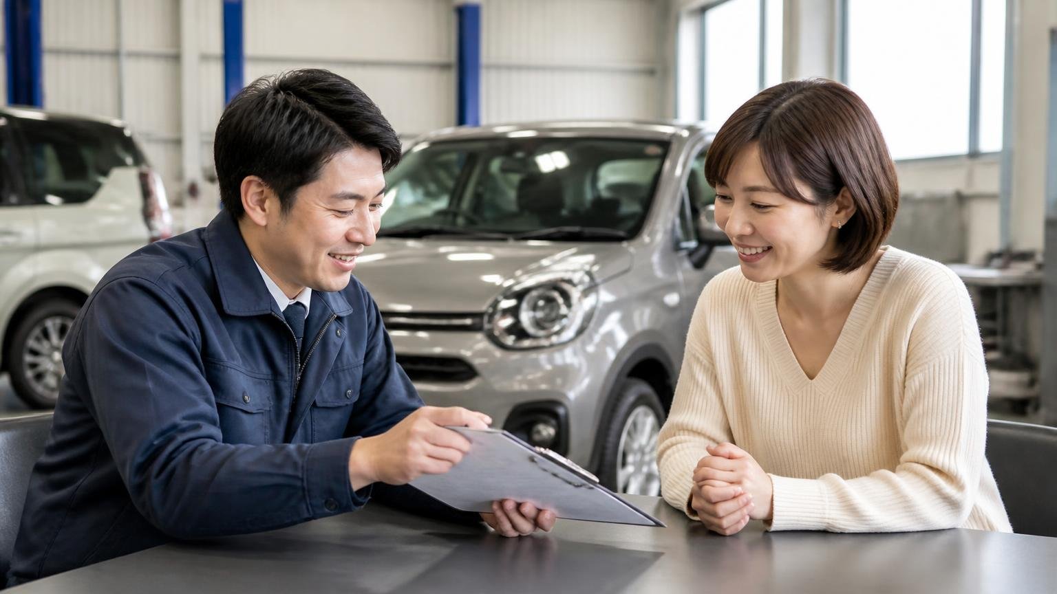 査定料は無料で1社目の金額を知るコストはゼロ／営業所の車庫で査定書を見ながら打ち合わせ／男女2人／笑顔でうなずく