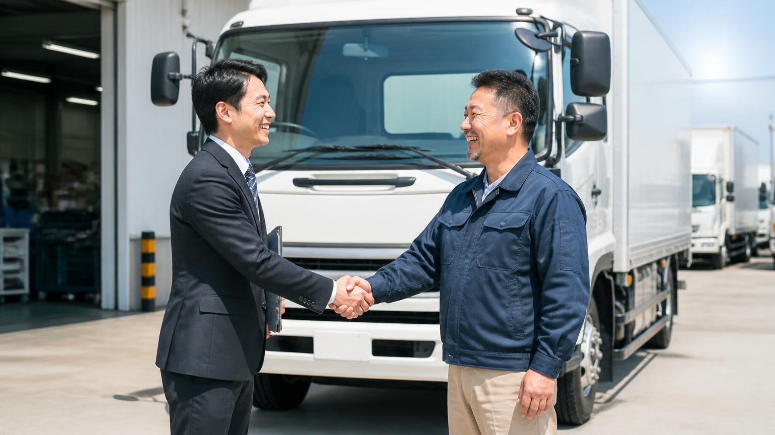 向いている人。営業所の車庫に停まった4tトラックの前で、査定士と持ち主の2人が握手して笑う