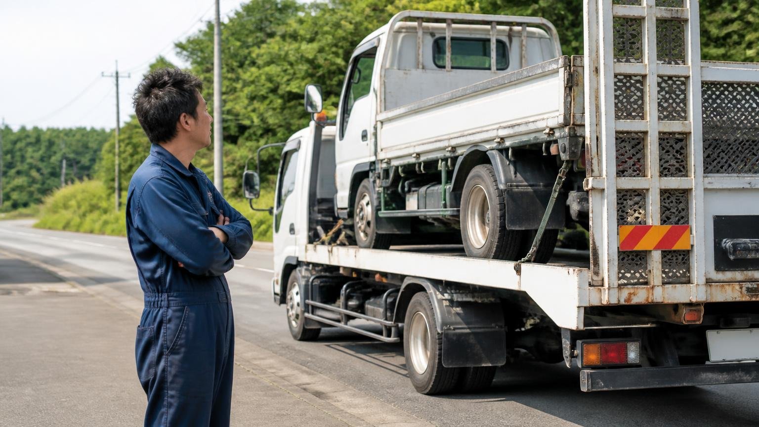 積車に載せられるトラックの前。作業着の男性1人が腕を組み、去っていく車両をじっと見送る