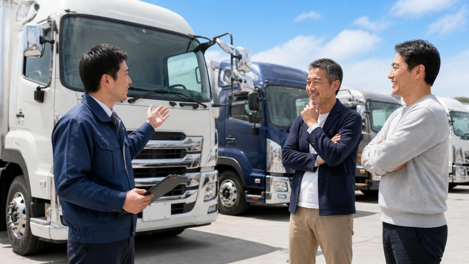 サクラコーポレーションが向いている人 広いヤードで実車を見ながら担当者と話す依頼者2人が納得の表情