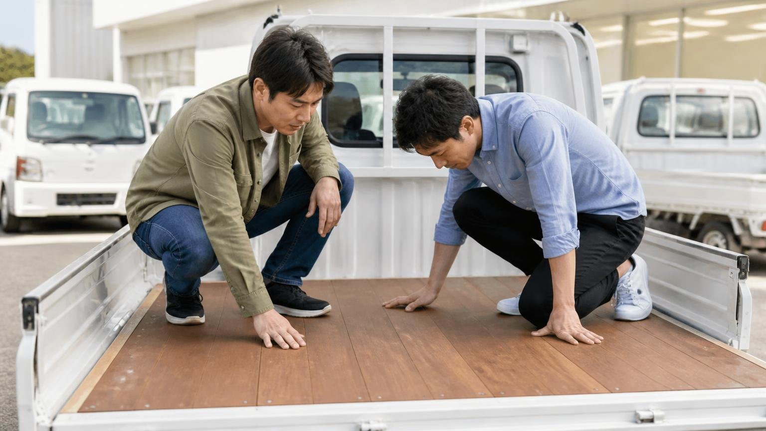 関東圏で実車を見て決めたい人に向く。展示場で荷台に上がって床板を確認する男性2人が真剣にのぞき込む