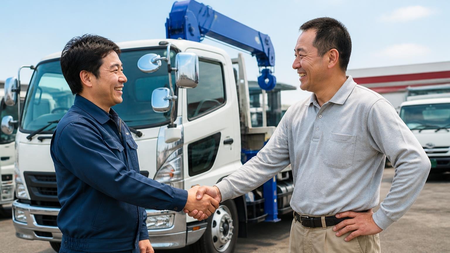 ヨシノ自動車が向いている人 厚木の展示場でクレーン付きトラックを前に相談する男性2人が笑顔で握手