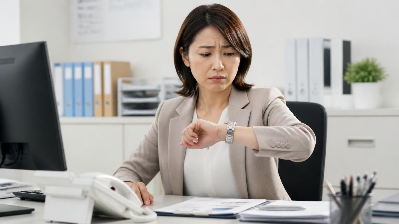 向いていない人の3つの条件|事務所で腕時計を気にしながら電話の返事を待つ30代女性1人