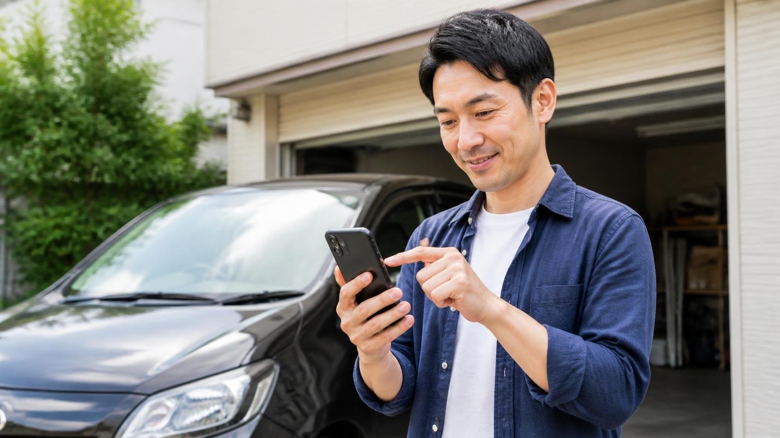 比較の1社目に相談する場面。車庫の前でスマホから無料査定を申し込む男性1人が前向きな表情