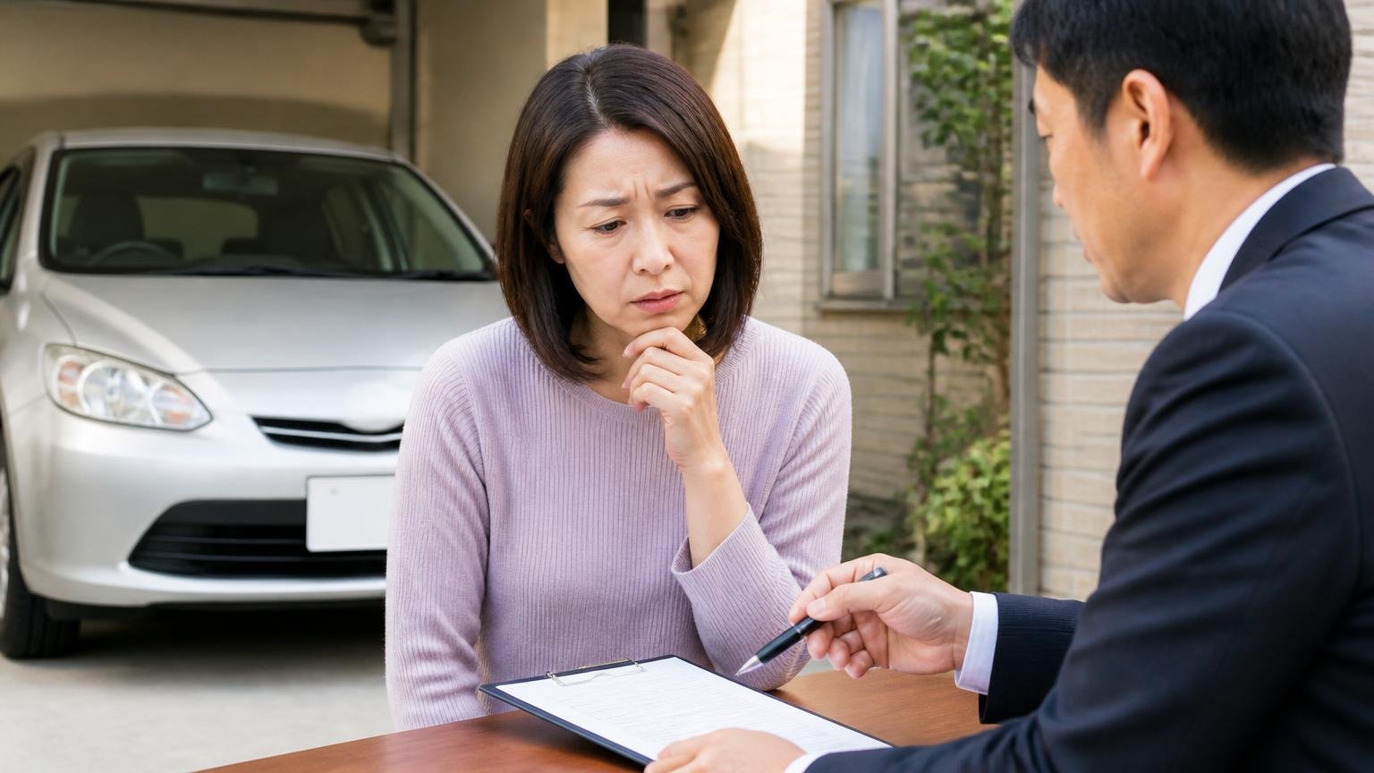 相談の中身は3つの型に分かれている。自宅の車庫先で査定に来た業者と向き合う女性が、契約書を前に困った表情をしている