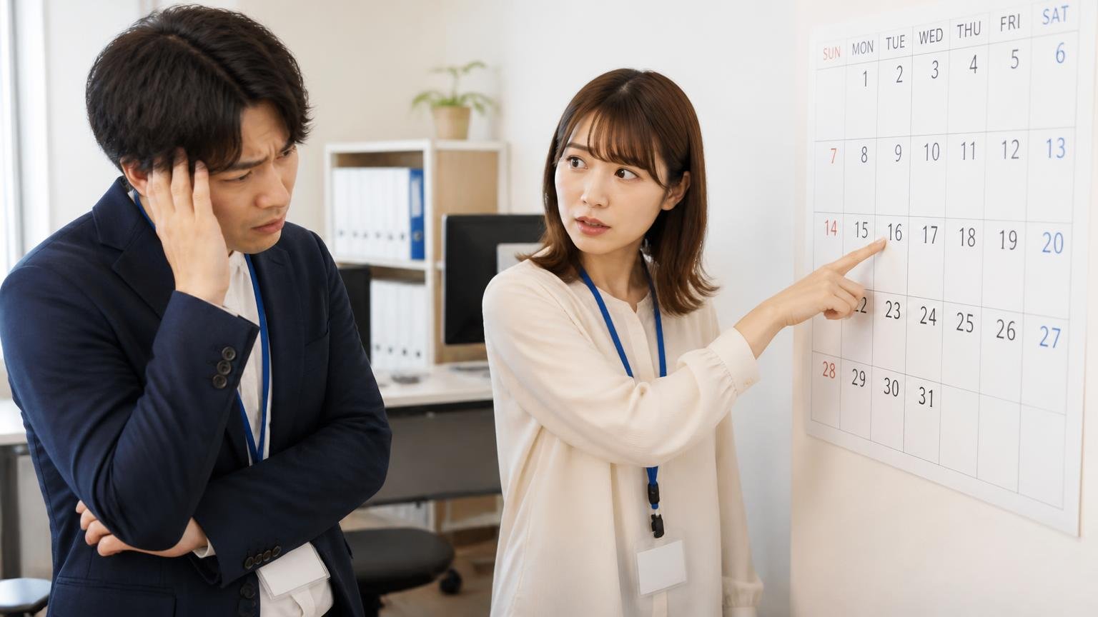 向いていない可能性がある人。事務所のカレンダーを指さして日数を数える30代女性1人と困った顔の20代男性1人