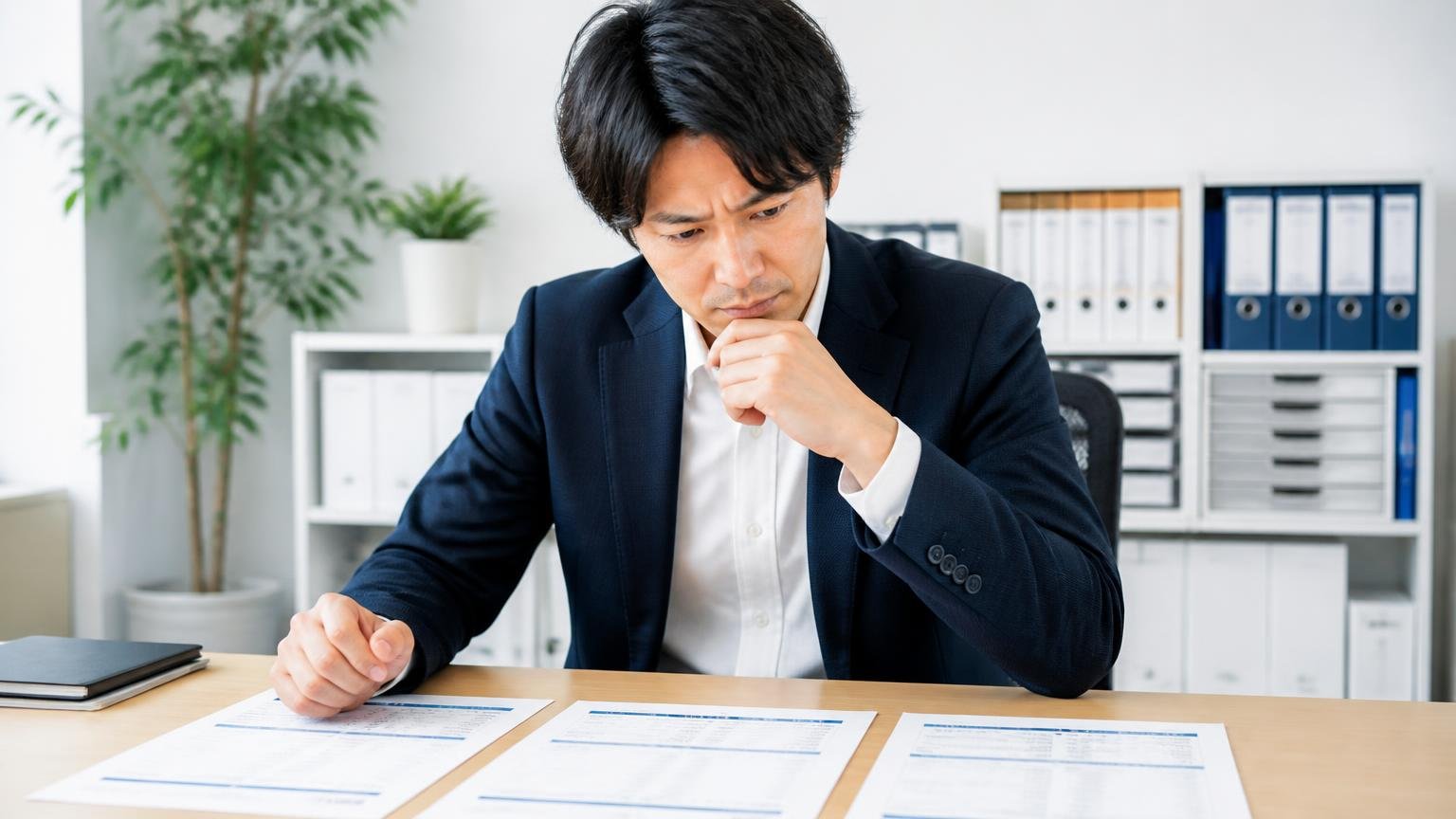 向いていない可能性がある人の3つの条件。事務所で複数の見積書を並べて比べる男性1人が考え込む