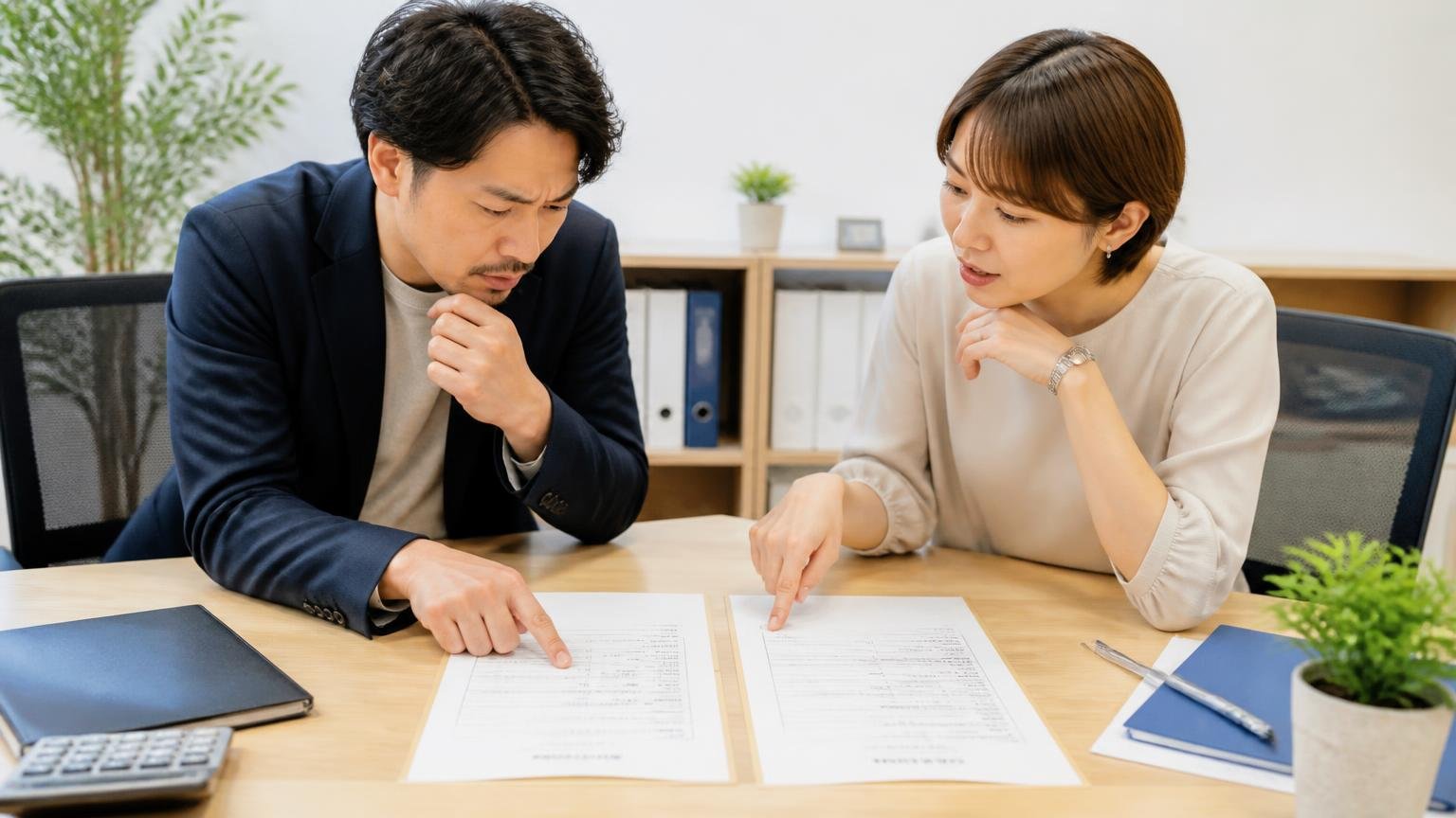 準備②総額ではなく条件込みの手取りで確認する 事務所のテーブルで2社の見積書を並べる 男女2人が指で比べる