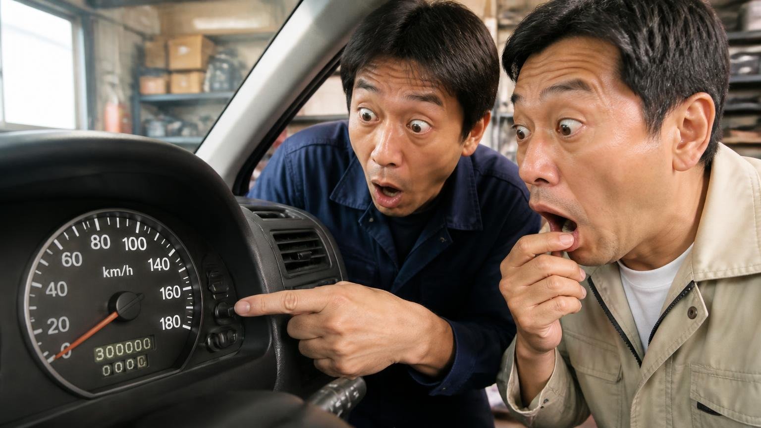 走行30万km超でも値がついた実績、車庫で走行距離メーターを指さし驚く男性2人が大きく目を見開く