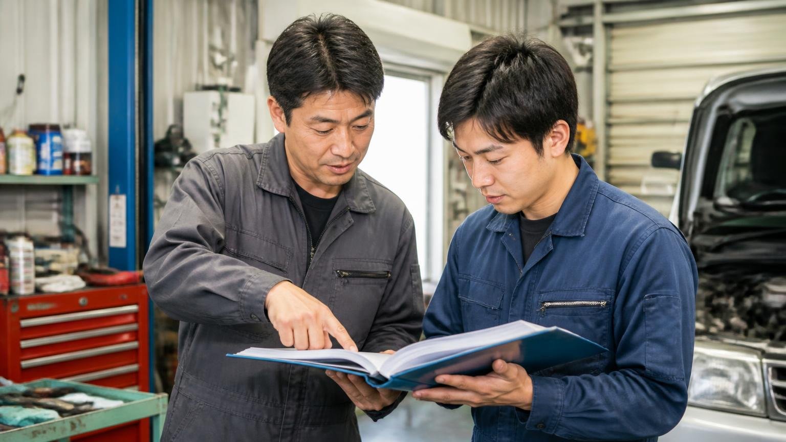 整備記録簿の何をいつの履歴を確認する 車庫でファイルから整備記録簿を取り出して確認する 男性2人 ページを指さして話す