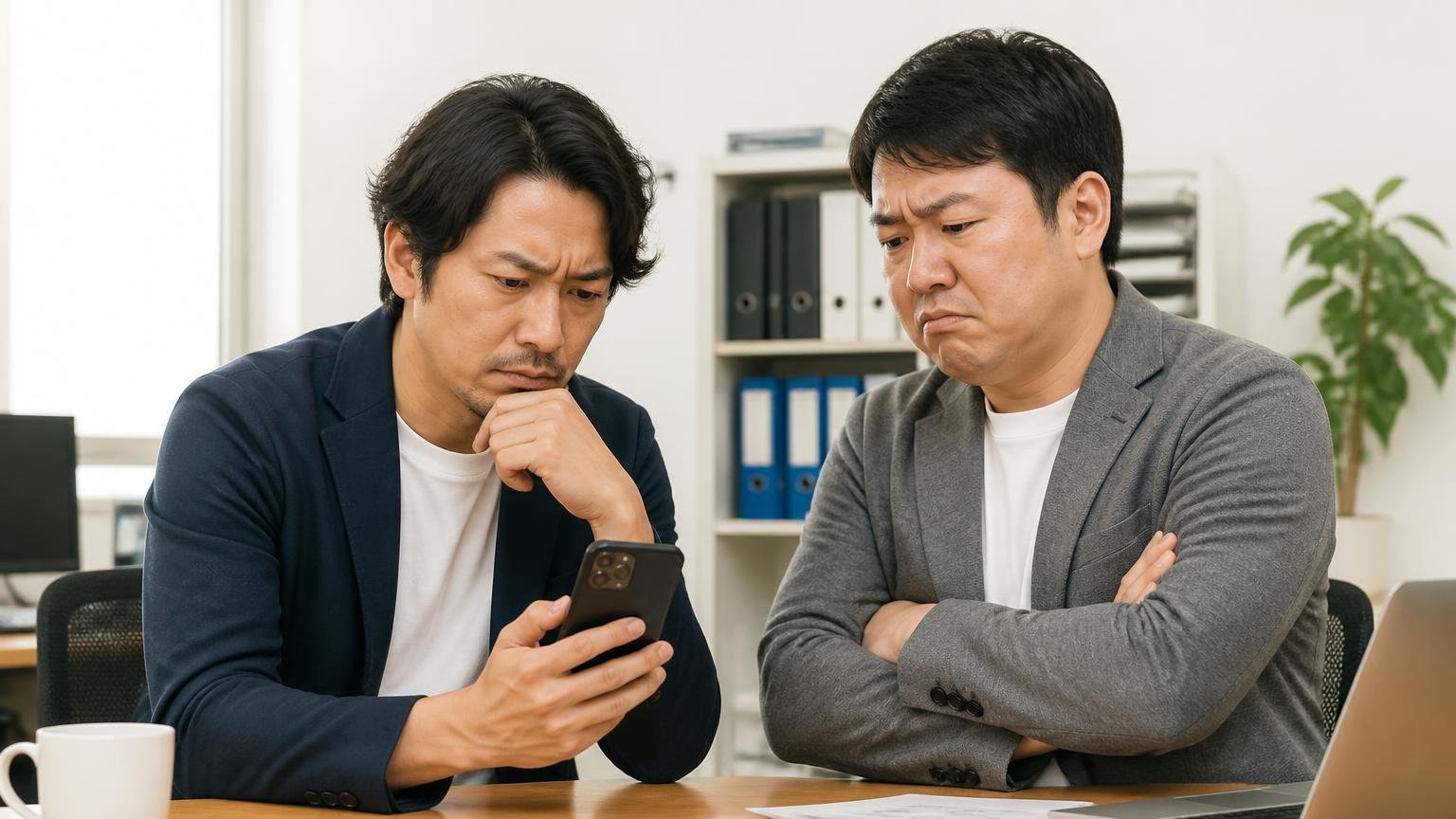 向いていないのはこんな人 事務所でスマホの口コミ件数を見ながら考え込む 2人 腕を組んで渋い表情