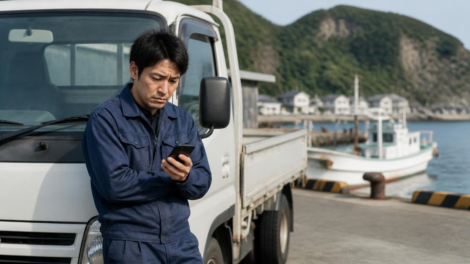 向いていない人の条件 離島の港近くに停めたトラックの前で男性1人がスマホを見て肩を落とす
