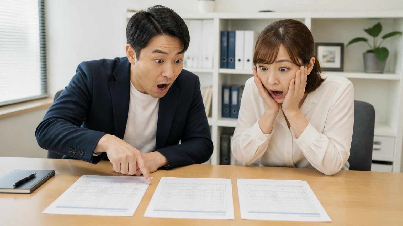 1社の金額では高いか安いか分からない/事務所で3社の査定書を並べた机/男性1人と女性1人/査定書を見比べて驚く