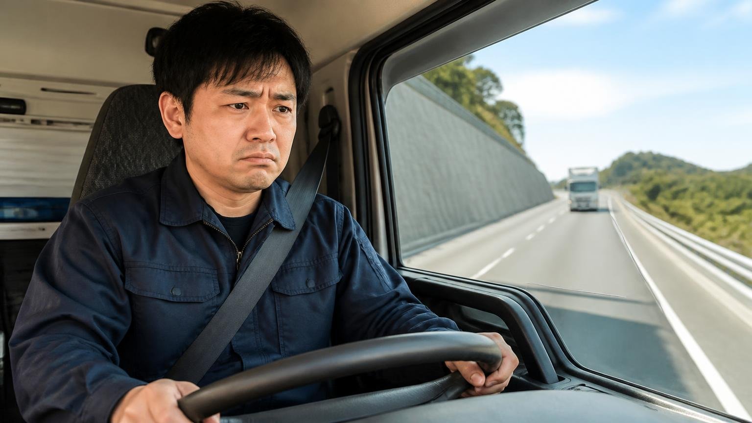 向いていない人 高速道路の上り坂を走るトラックの車内で表情を曇らせる男性1人