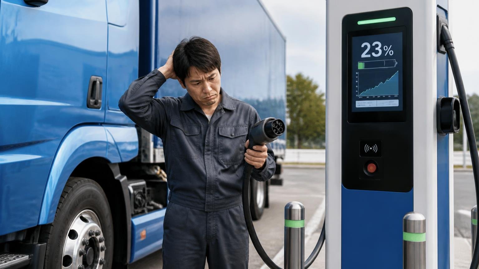 実際に走らせると数字はどう動くか 急速充電器の前に停めた電動トラックの横で充電ケーブルを持つ男性が困った顔