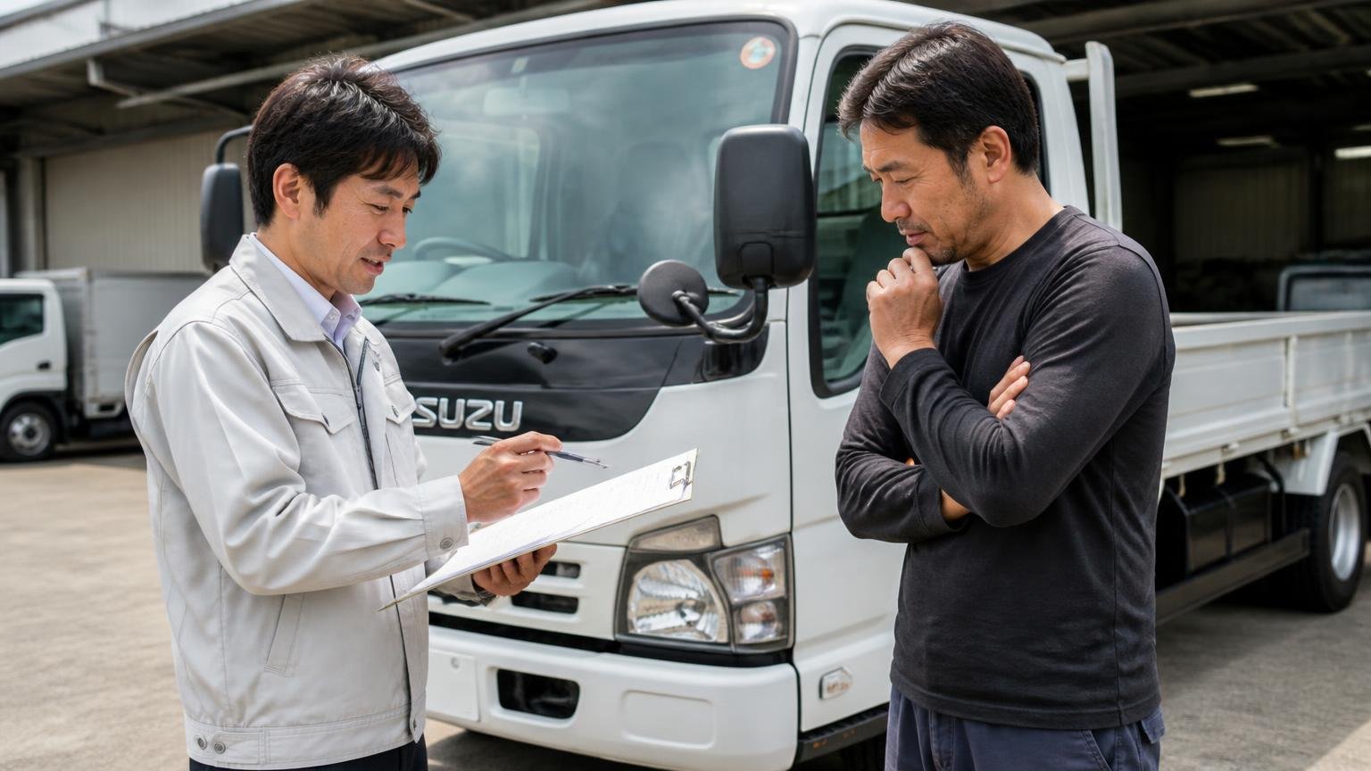 もう1つの数字を知る。営業所の車庫に停まったエルフの前で、査定士が書類を手に説明し所有者がうなずく