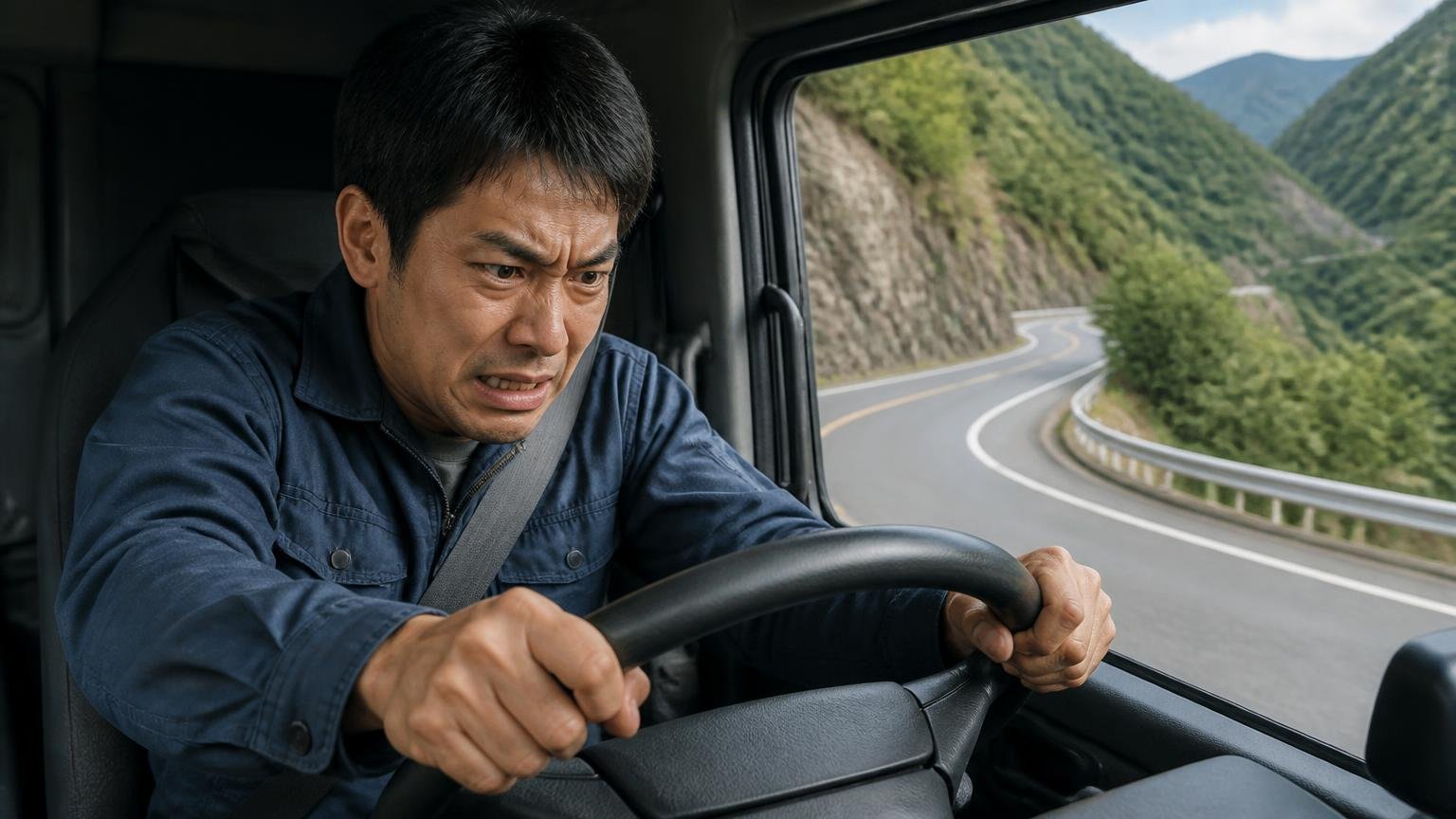 エルフ(オートマ)が向いていない人 峠道の登り坂を走るトラックの車内 男性1人が険しい表情でハンドルを握る