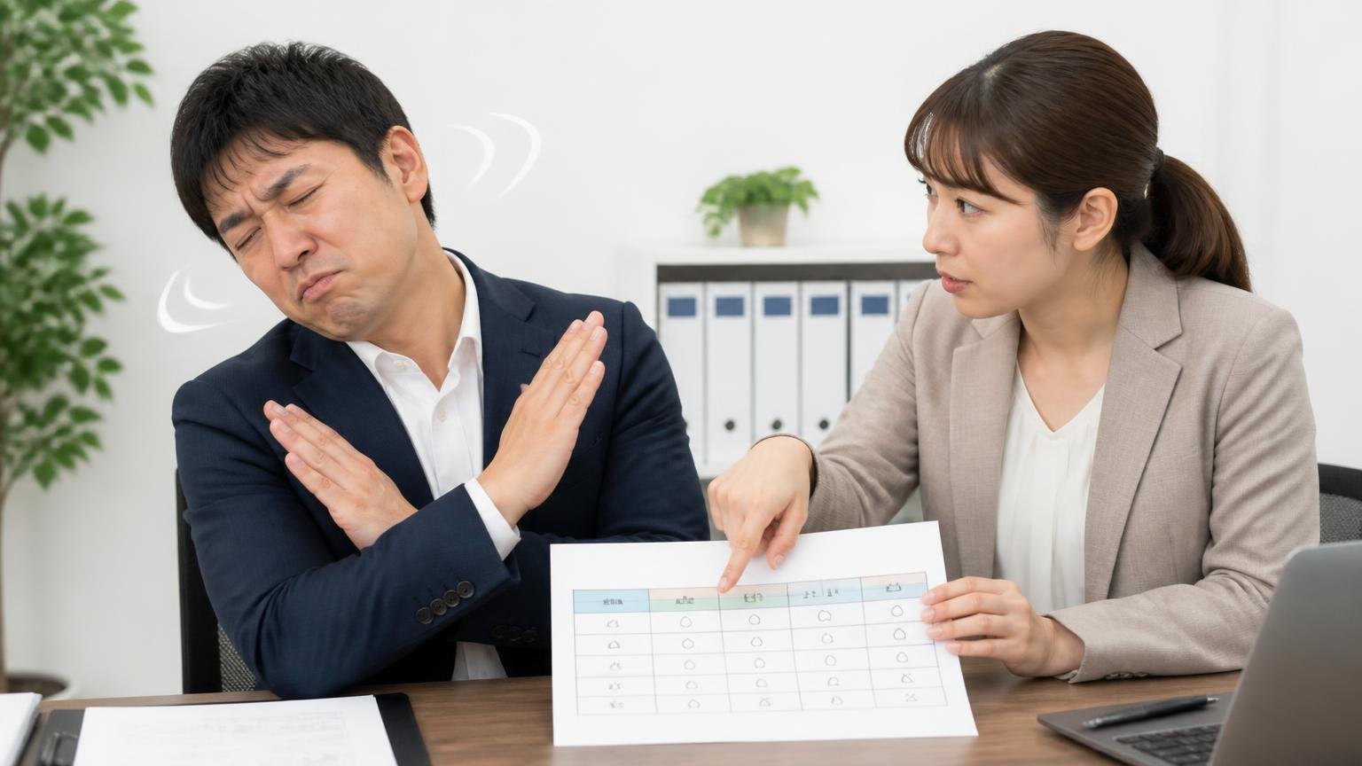 向いていないのはこんな人。事務所で条件表を前に、首を大きく横に振る男性1人と、それを指差して説明する女性1人