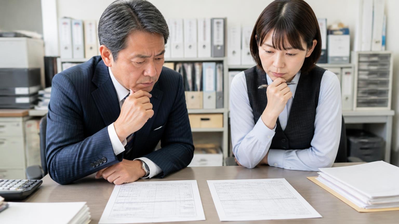 修理見積もりと今の買取額を天秤にかける、事務所の机に見積書と査定書を並べて見比べる場面、経営者と事務担当の2人が真剣な表情