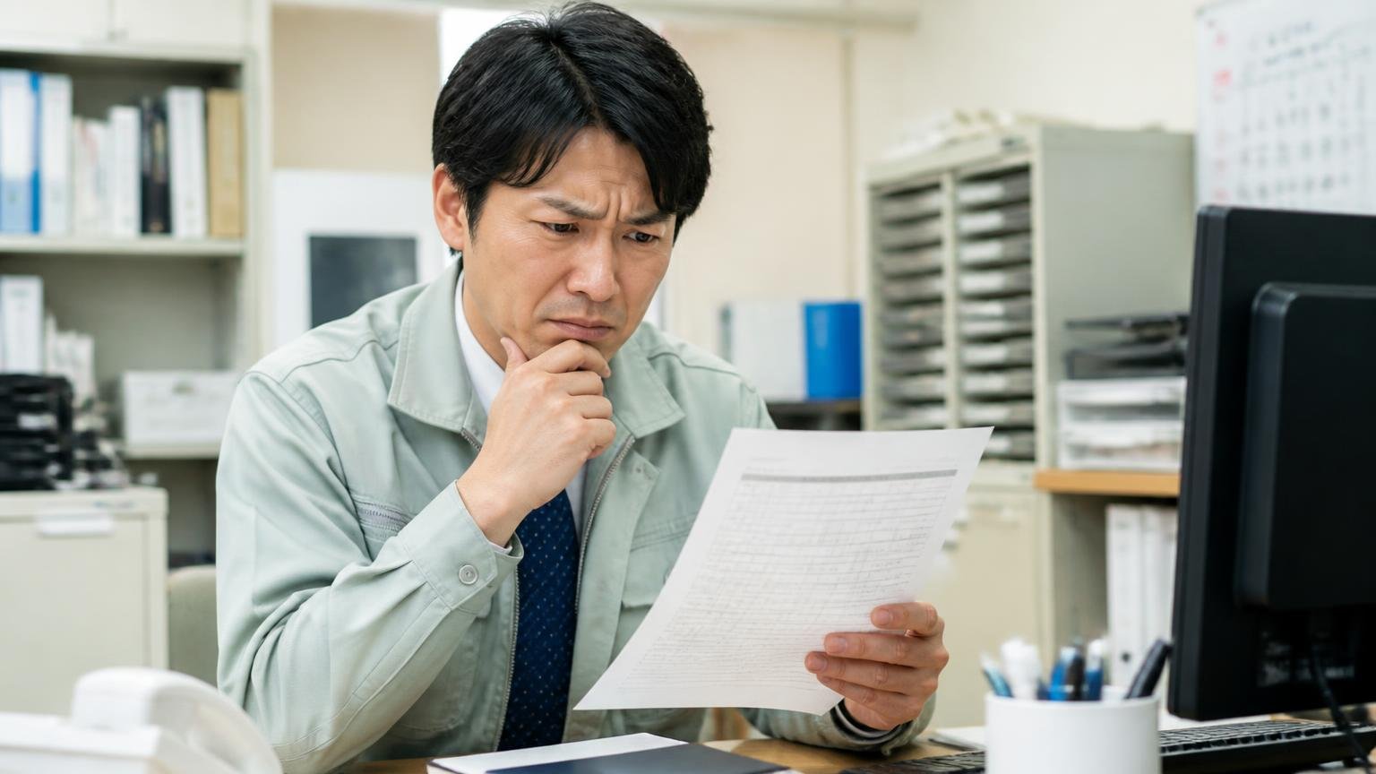 片方の数字しか持っていない。事務所で修理見積書を手に持ち考え込む男性1人の困った表情