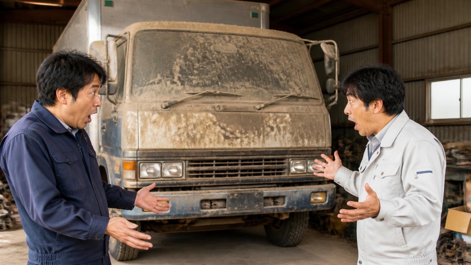 故障車や不動車は値がつかないという思い込み 車庫の奥で埃をかぶったトラックの前 男性2人 驚いた表情