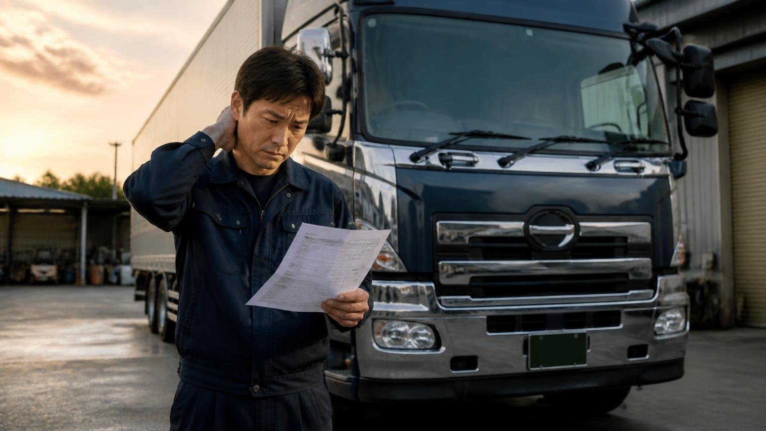 現金も車両価値も同時に減る|夕方の車庫に停まった大型トラックの前で男性1人が請求書を手に肩を落とす