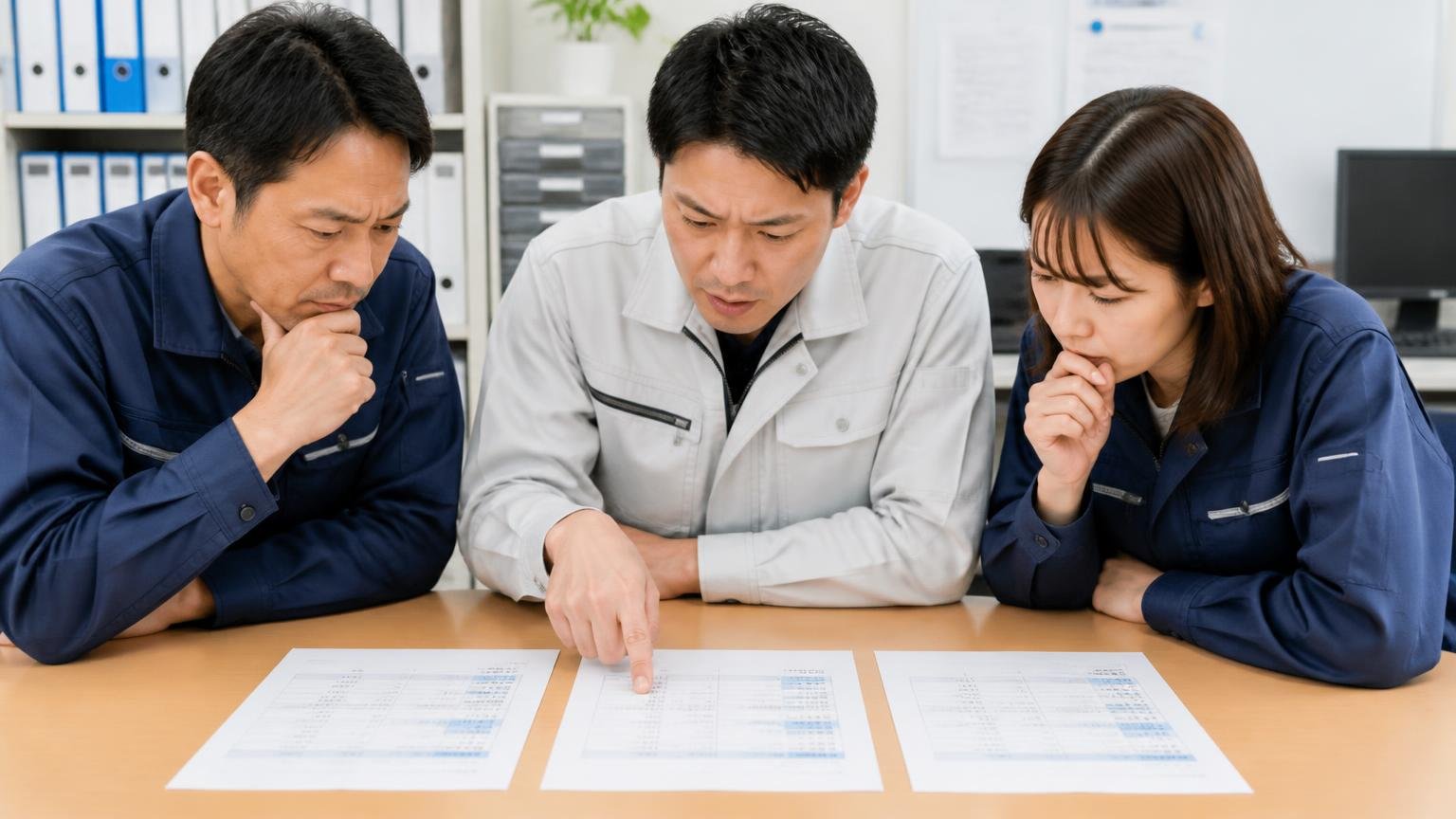 査定の比べ方｜運送会社の事務所の机に3社の査定書を並べ、金額の欄を指さして真剣に見比べる男女3人
