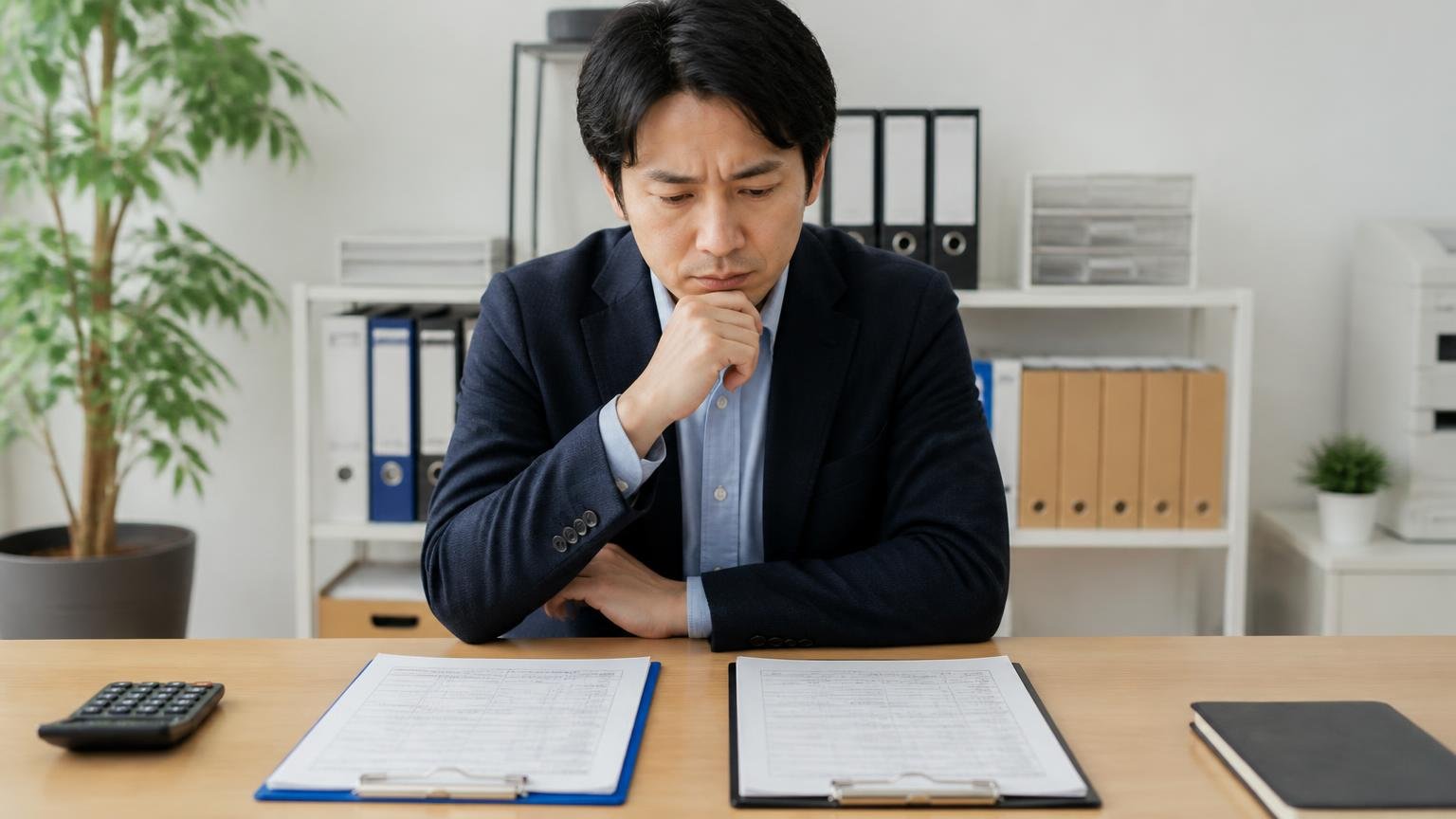 直す金額と今売れる金額を並べて見る 事務所で2枚の書類を左右に置く 男性1人が両方を見比べて考え込む
